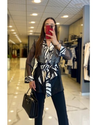 Miaruj Siyah Yakası Desenli Kuşaklı Organize Ceket