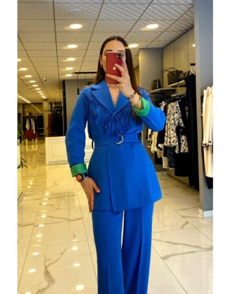 Miaruj Mavi Püsküllü Beli Kemerli Ceket 