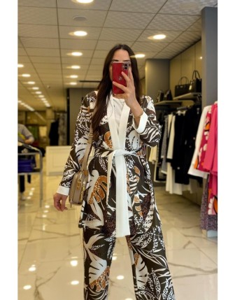 Miaruj Haki Desenli Kuşaklı Kimono 