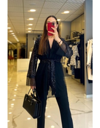 Miaruj Siyah Payetli Kuşaklı Organize Ceket