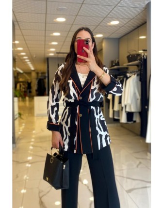 Miaruj Siyah Leopar Desenli Düğmeli Kuşaklı Ceket