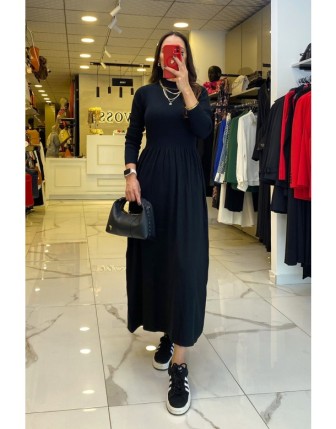 On Fashıon Siyah Beli Lastikli Uzun Kollu Elbise
