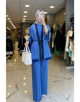 Miaruj Mavi Sırtı Desenli Üçlü Kimono Takım