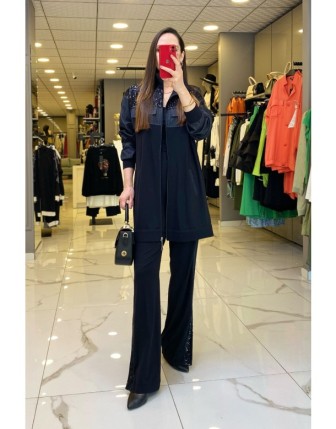 Miaruj Siyah Payet Detyalı Paçası Yırtmaçlı Takım