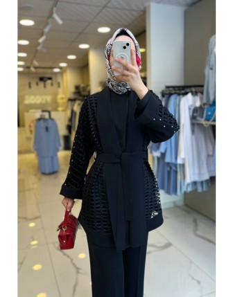 Miaruj Siyah Fileli Taş İşlemeli Kuşaklı Ceket