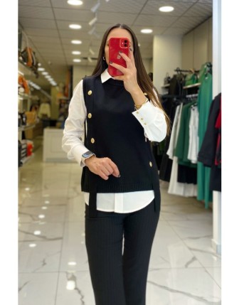 On Fashıon Siyah Gold Düğme Detaylı Triko Süveter