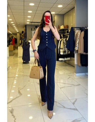 Ekol Lacivert Çizgili İspanyol Paça Pantolon