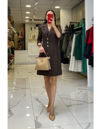 Ekol Kahverengi Gümüş Düğme Detaylı Elbise