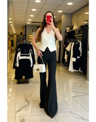 Miarte Siyah  Yandan Fermuarlı Arka Cep Detaylı İspanyol Paça Pantolon