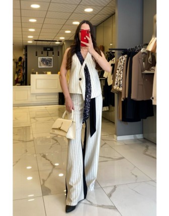 Miarte Bej Çizgili Kuşaklı Tek Düğmeli Pantolon