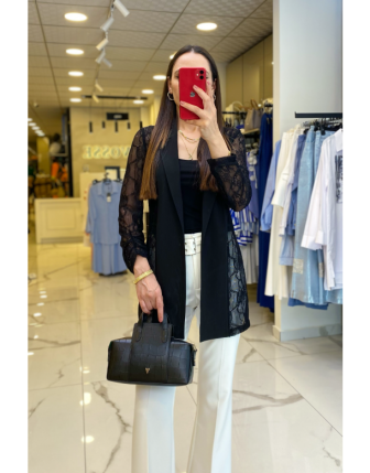 Ekol Siyah Kolları Tül Detaylı Beli Büğzülü Ceket