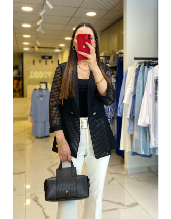 Ekol Siyah Fileli Gümüş Düğme Detaylı Ceket