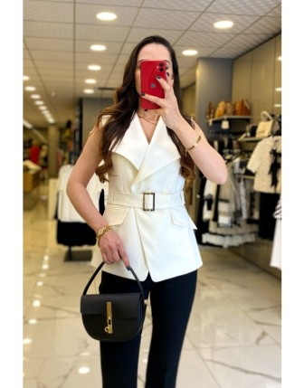 Ekol Ekru  Cep Detaylı Düğmeli Kemrli Yelek