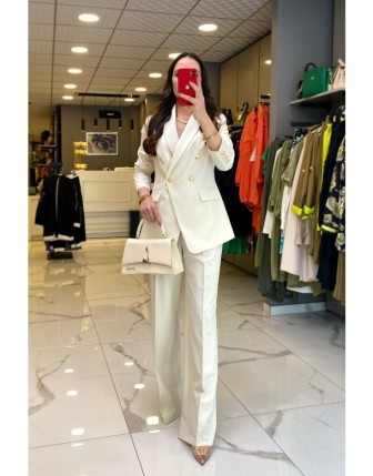 Ekol Bej Gold Düğme Detaylı Bol Paça Blazer Takım