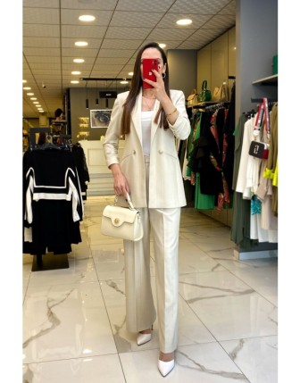 Ekol Kum Çizgili Kolları Büzgülü Düğme Ve Cep Detaylı Blazer ceketli Takım