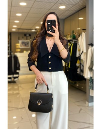 Ekol Siyah Gold Düğme Detaylı Kolları Organize Tül Ceket