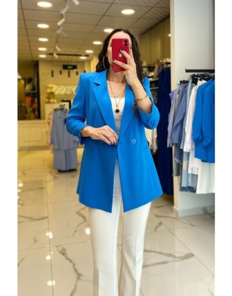 Ekol Mavi Kolu Düğe Ve Cep Detaylı Kolu Katlamalı Blazer Ceket
