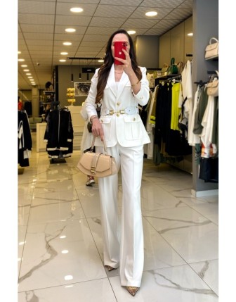 Ekol Ekru Gold Düğme Detaylı Kemerli Blazer Ceketli Takım