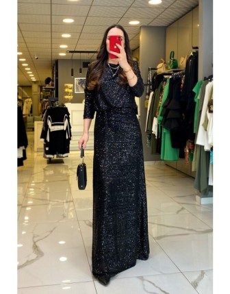 Miaruj Siyah Payetli Uzun Kollu Manşet Detaylı Astarlı Elbise