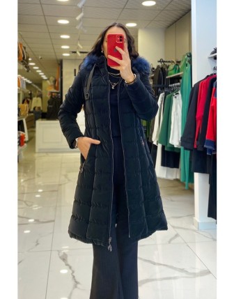 Trenç Siyah Kapüşonlu Kürklü Şişmme Kaban