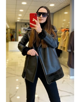 Ekol Siyah Deri Kürk Detaylı Fermuarlı Cep Detaylı Mont