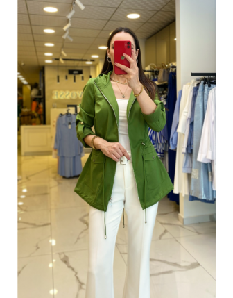 Ekol Yeşil Beli Büzgülü Kapüşonlu Cep Detaylı Ceket