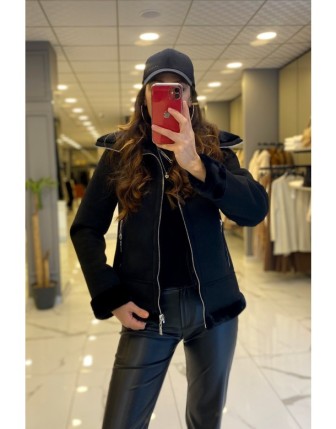 Ekol Siyah Kürk Detaylı Cepli Süet Kaban