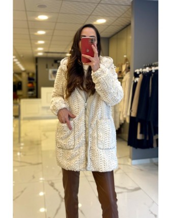 Ekol Ekru Peluş Kapüşonlu Fermuar Ve Cep Detaylı Manto