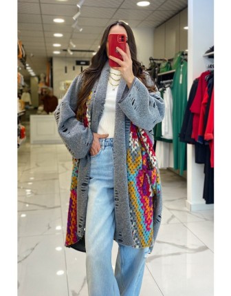 Mascara Gri Örgülü Torba Cepli Salaş Hırka