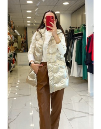 Ekol Gold Parlak Kapüşonlu Cepli Fermuarlı Şişme Yelek