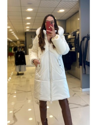 Ekol Ekru Kapüşonlu Kürk Detaylı Fermuarlı Şişme Kaban 