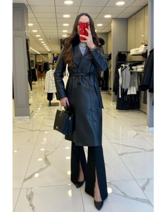 Ekol Siyah Düğmeli Kuşaklı Kürk Detaylı Deri Trençkot