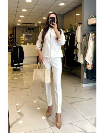 Ekol Ekru Küpür Detaylı Fermuarlı Ceketli Takım