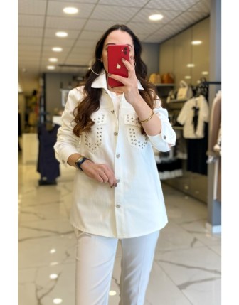 Ekol Ekru Cep Detayı Taş İşlemeli Düğmeli Kot Ceket