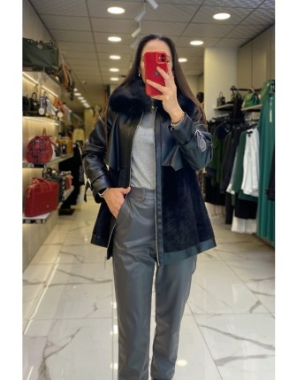 Ekol Siyah Yakası Kürklü Kolları Kemer Detaylı Deri Mont