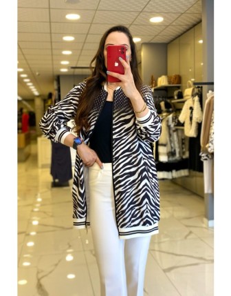 Miaruj Siyah Zebra Desenli Ribanalı Ceket