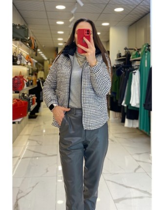 Ekol Siyah Kazayağı Desenli Fermuarlı Kapüşonlu Mont