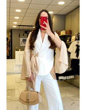 Miarte Ekru Payet Detaylı Kuşaklı Ceket