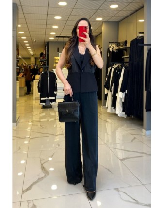 Miarte Siyah Tek Düğmeli Yelekli Takım