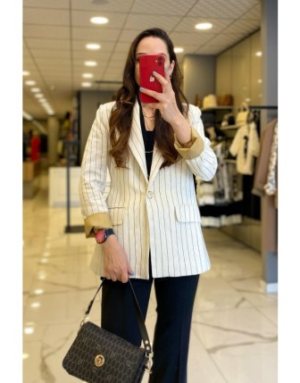 Miarte Bej Çizgili Kemer Detaylı Blazer Ceket