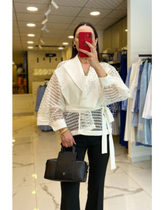 Miarte Ekru Yakası Taş İşlemeli Kuşaklı File Ceket