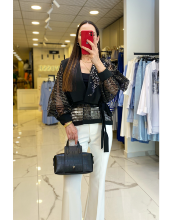 Miarte Siyah Yakası Taş İşlemeli Kuşaklı File Ceket