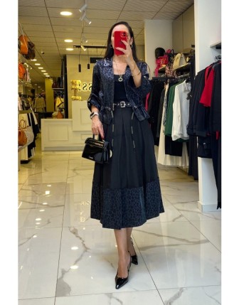 Miarte Siyah Etek Ucu Ve Kolları Leopar Detaylı Beli Büzgülü Kemer Detaylı Takım