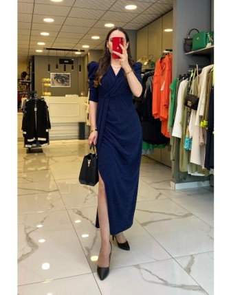 Mi Lacivert V Yaks Yırtmaçlı Vaktalı Elbise