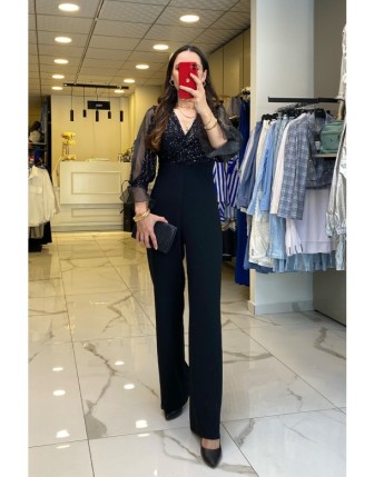 Mi Siyah Organize Kollu Payetli Abiye Tulum