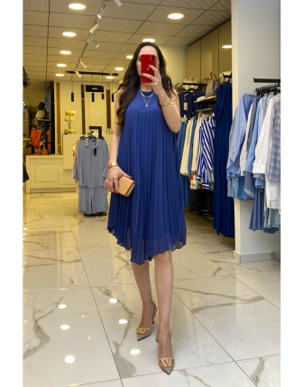 Mi İndigo Pileli Asimetrik Kesim Elbise