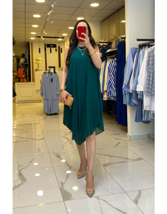 Mi Zümrüt Pileli Asimetrik Kesim Elbise