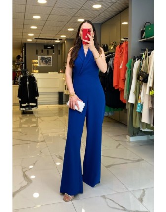 Mi Mavi V Yaka Sıfır Kollu Bol Paça Tulum