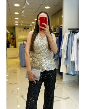 Mi Gold Payetli Drape Detaylı Bluz