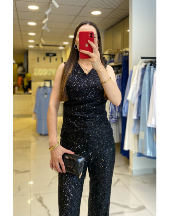 Mi Siyah Payetli Drape Detaylı Bluz